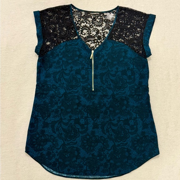 Express Tops - Express Teal and Black Short Sleeve Top with Lace Details NWT